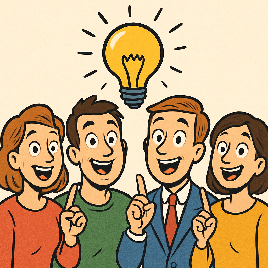 a group of adults  men and women smiling with a eureka look on their faces in cartoon style and a light bulb on top of the group in the middle
