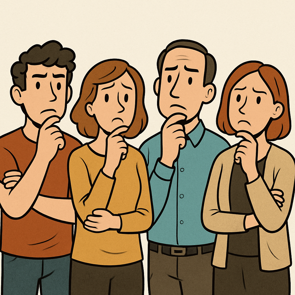 a pensive group of adults  men and women cartoon style
